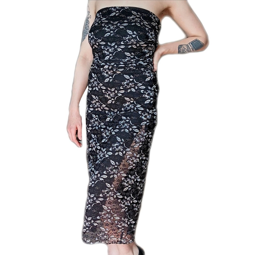 Venus Sleeveless Black Ruched Lace Maxi Dress Women's Small
